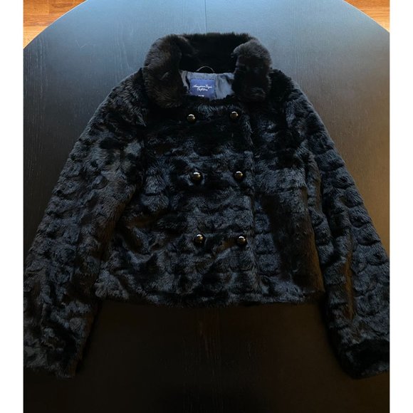 American Eagle Faux Fur Jacket Womens‎ XS Black Double-Breasted Coat Winter - Picture 5 of 11